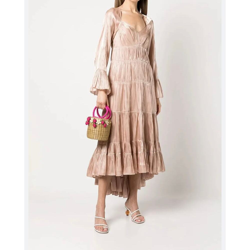 NEW! Cinq a Sept Nina Tiered Metallic Satin Midi Ruffle Dress 8